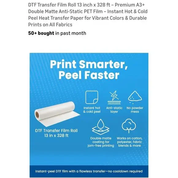 A-SUB A3+ DTF Transfer Roll Film 13in x 328ft DTF Film Premium Hot Cold Peel